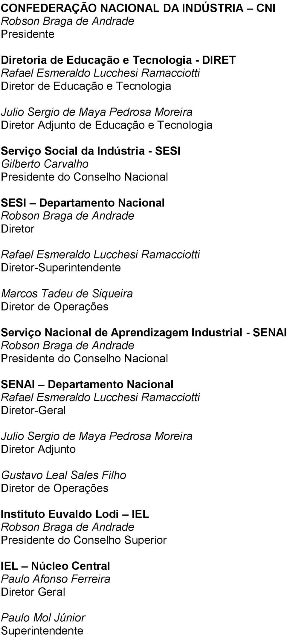 Andrade Diretor Rafael Esmeraldo Lucchesi Ramacciotti Diretor-Superintendente Marcos Tadeu de Siqueira Diretor de Operações Serviço Nacional de Aprendizagem Industrial - SENAI Robson Braga de Andrade