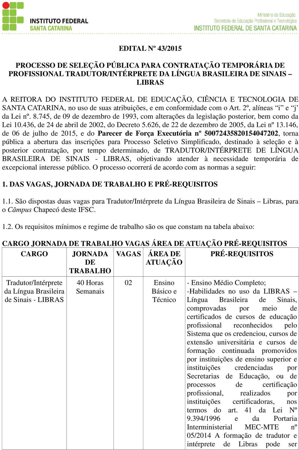 745, de 09 de dezembro de 1993, com alterações da legislação posterior, bem como da Lei 10.436, de 24 de abril de 2002, do Decreto 5.626, de 22 de dezembro de 2005, da Lei nº 13.