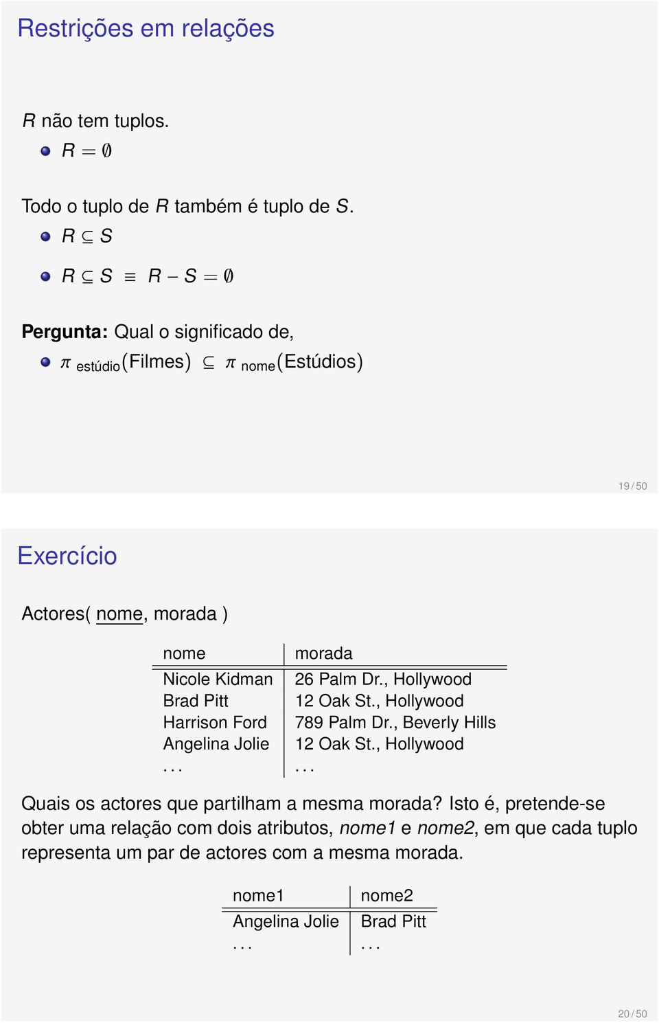 26 Palm Dr., Hollywood Brad Pitt 12 Oak St., Hollywood Harrison Ford 789 Palm Dr., Beverly Hills Angelina Jolie 12 Oak St., Hollywood...... Quais os actores que partilham a mesma morada?