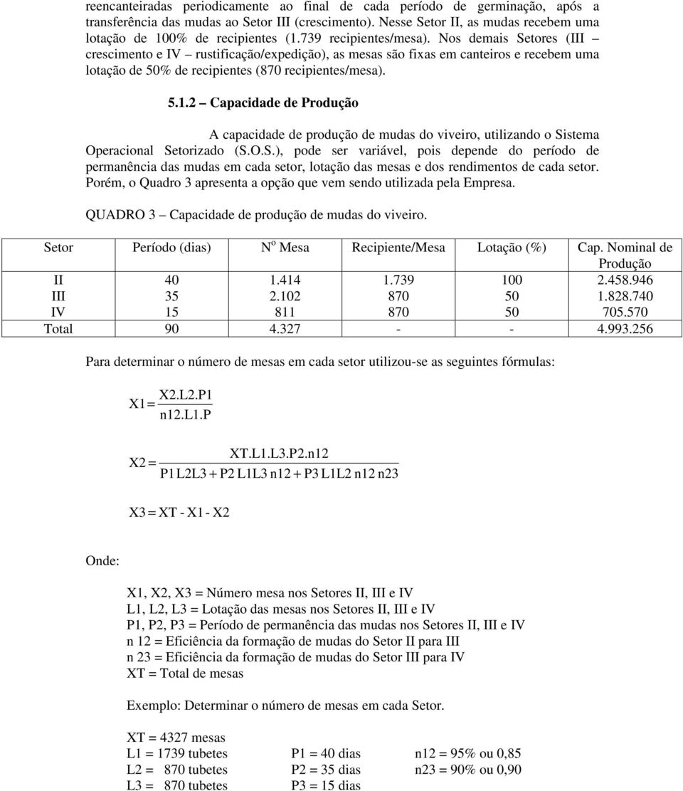 Nos demais Setores (III crescimento e IV rustificação/expedição), as mesas são fixas em canteiros e recebem uma lotação de 50% de recipientes (870 recipientes/mesa). 5.1.