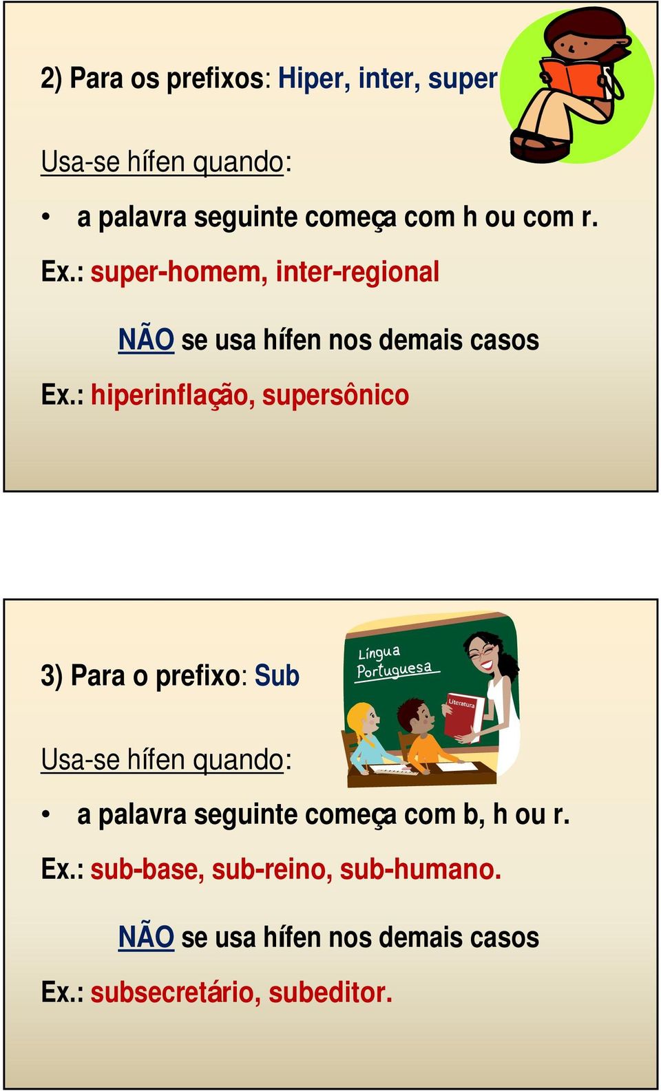 : hiperinflação, supersônico 3) Para o prefixo: Sub Usa-se hífen quando: a palavra seguinte