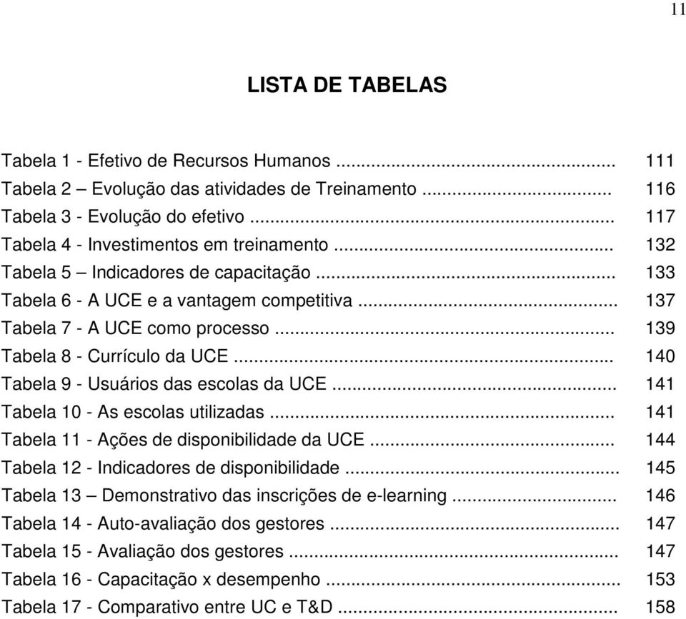 .. 140 Tabela 9 - Usuários das escolas da UCE... 141 Tabela 10 - As escolas utilizadas... 141 Tabela 11 - Ações de disponibilidade da UCE... 144 Tabela 12 - Indicadores de disponibilidade.