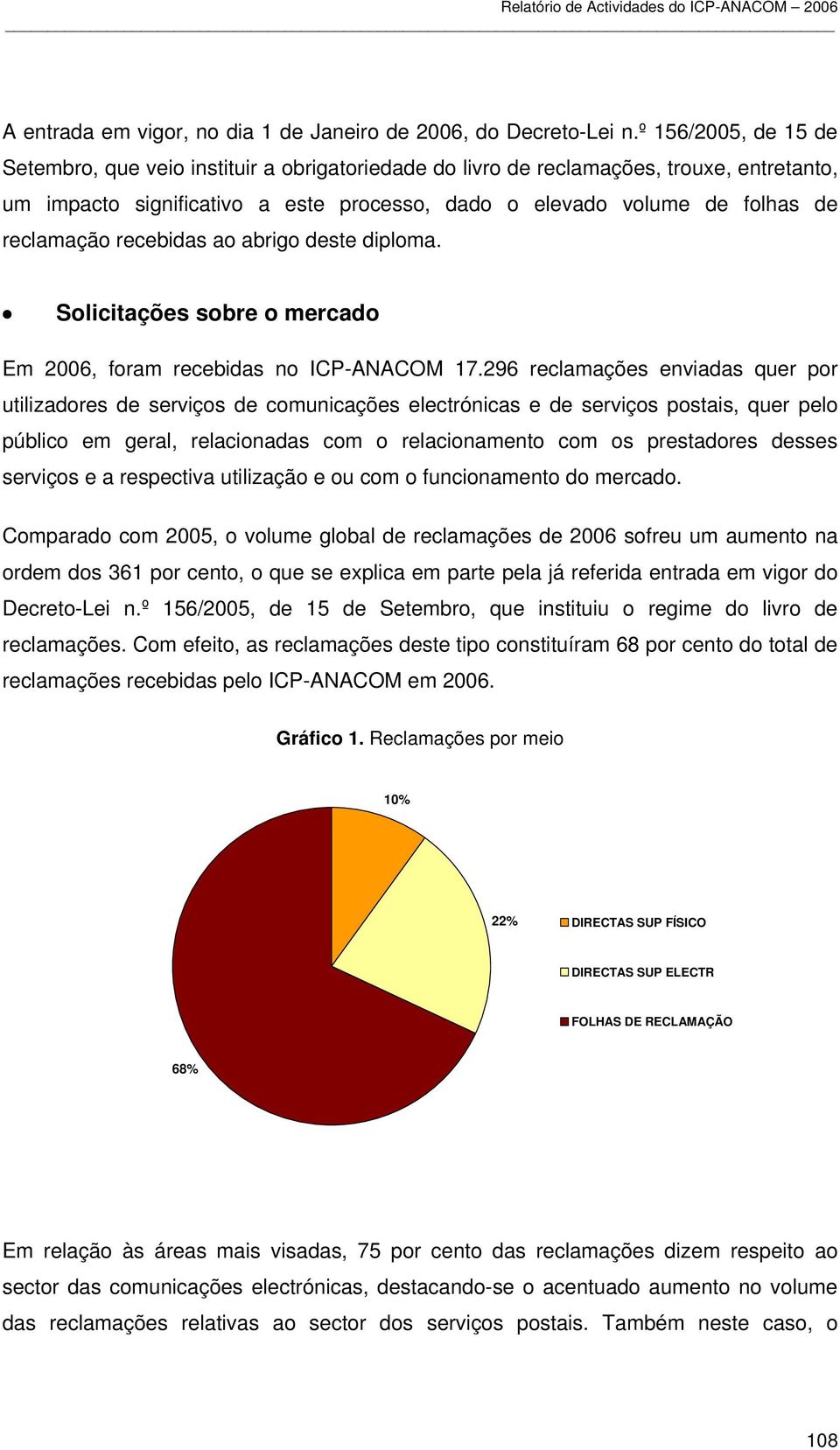 reclamação recebidas ao abrigo deste diploma. Solicitações sobre o mercado Em 2006, foram recebidas no ICP-ANACOM 17.