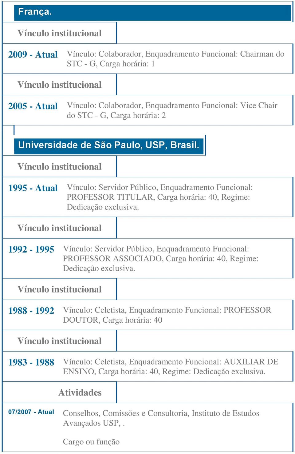 Funcional: Vice Chair do STC - G, Carga horária: 2 Universidade de São Paulo, USP, Brasil.