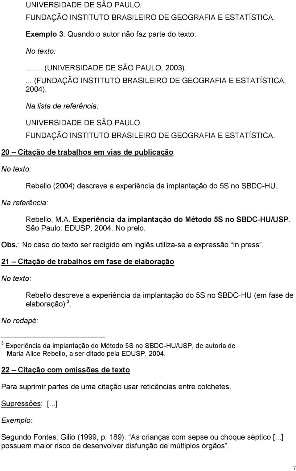 20 Citação de trabalhos em vias de publicação Na referência: Rebello (2004) descreve a experiência da implantação do 5S no SBDC-HU. Rebello, M.A.