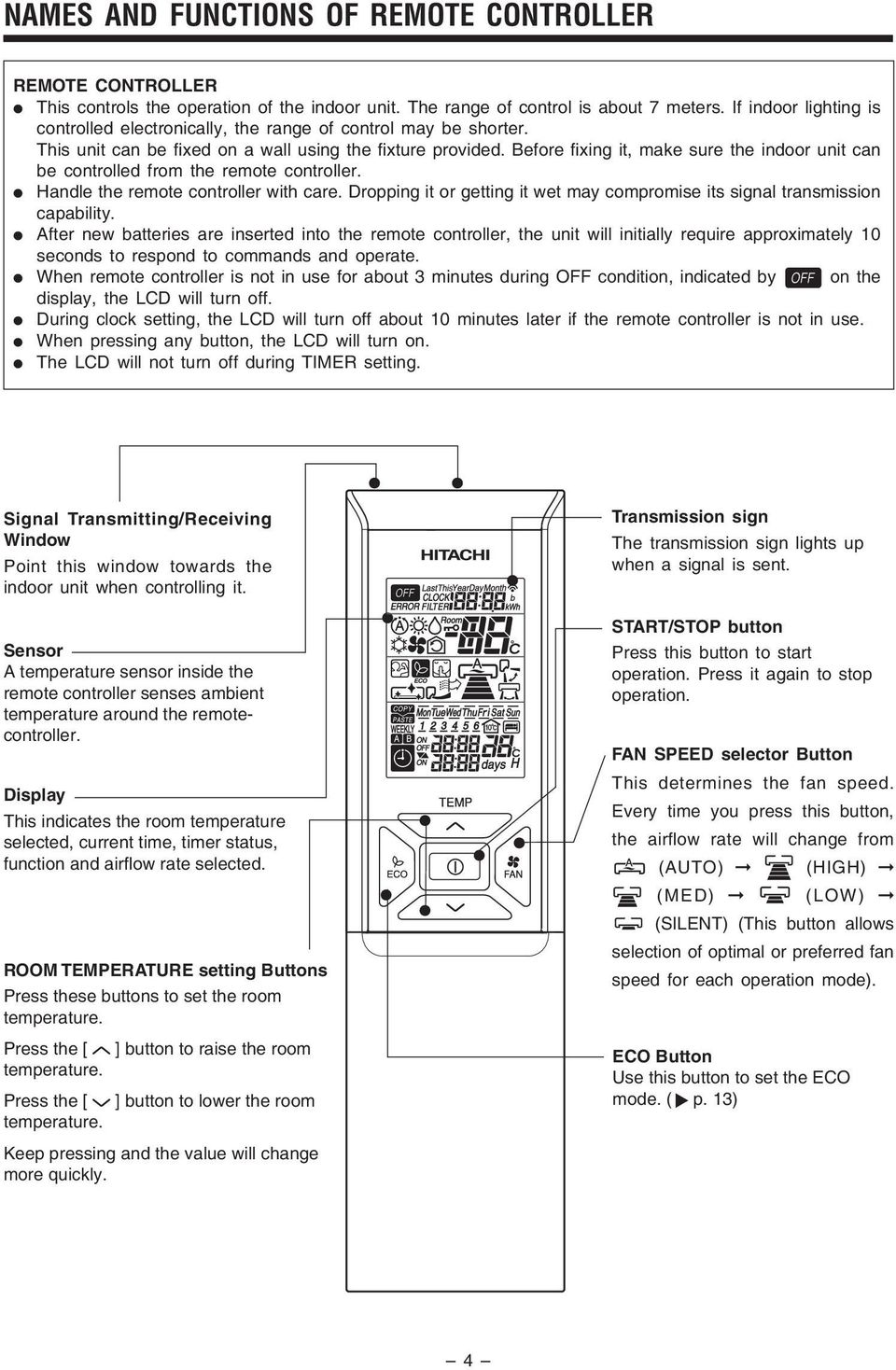 controller with care Dropping it or getting it wet may compromise its signal transmission capability After new batteries are inserted into the remote controller, the unit will initially require