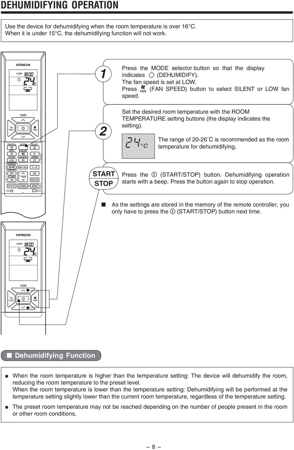 (the display indicates the setting) The range of 20-26C is recommended as the room temperature for dehumidifying START STOP Press the (START/STOP) button Dehumidifying operation starts with a beep