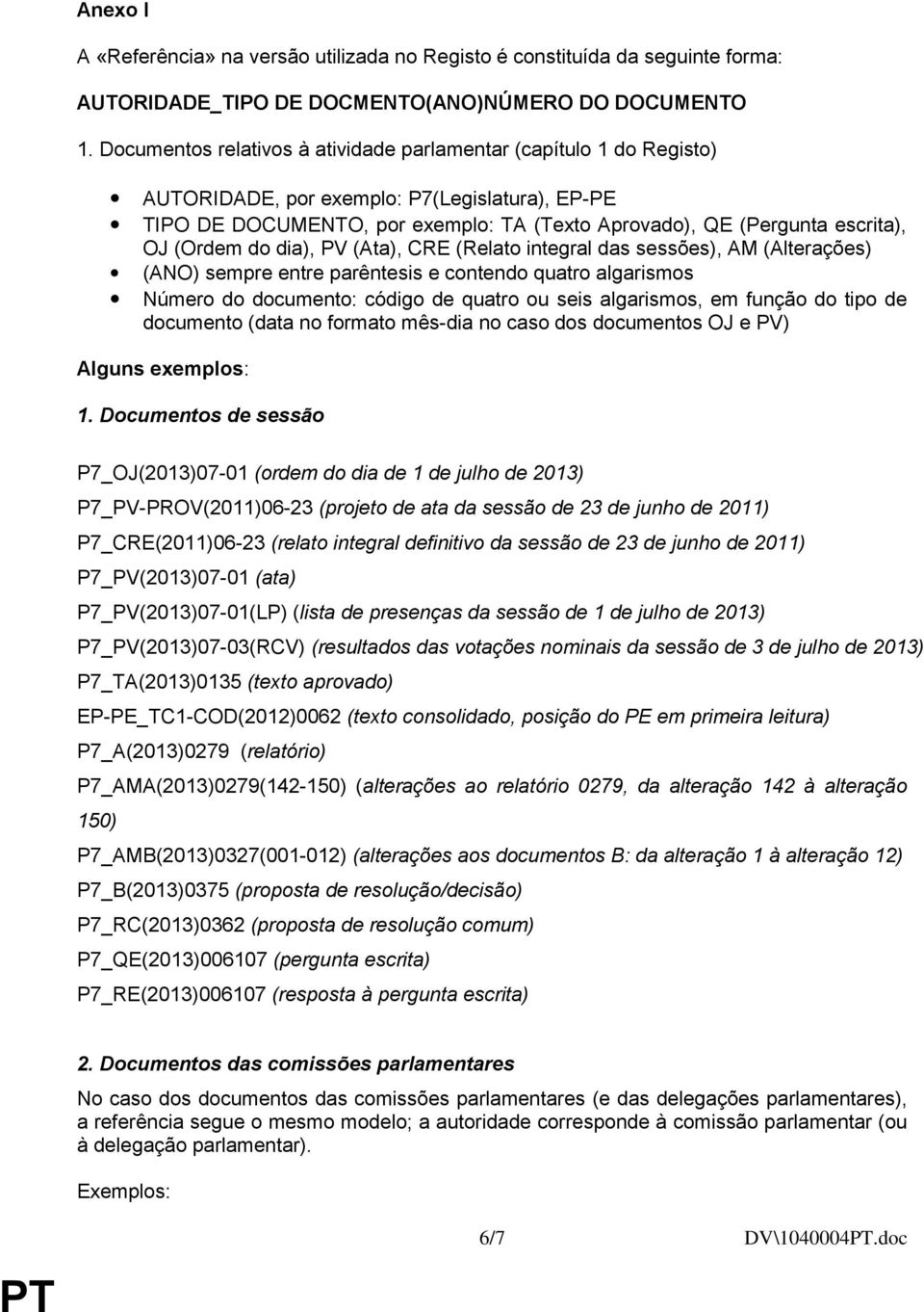 (Ordem do dia), PV (Ata), CRE (Relato integral das sessões), AM (Alterações) (ANO) sempre entre parêntesis e contendo quatro algarismos Número do documento: código de quatro ou seis algarismos, em