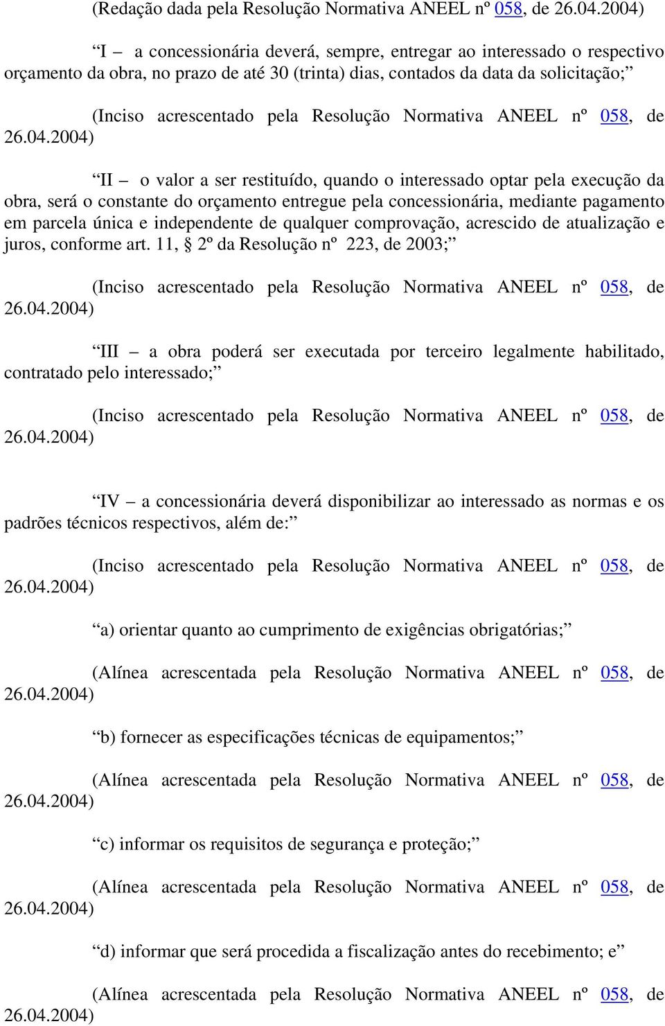 Normativa ANEEL nº 058, de 26.04.