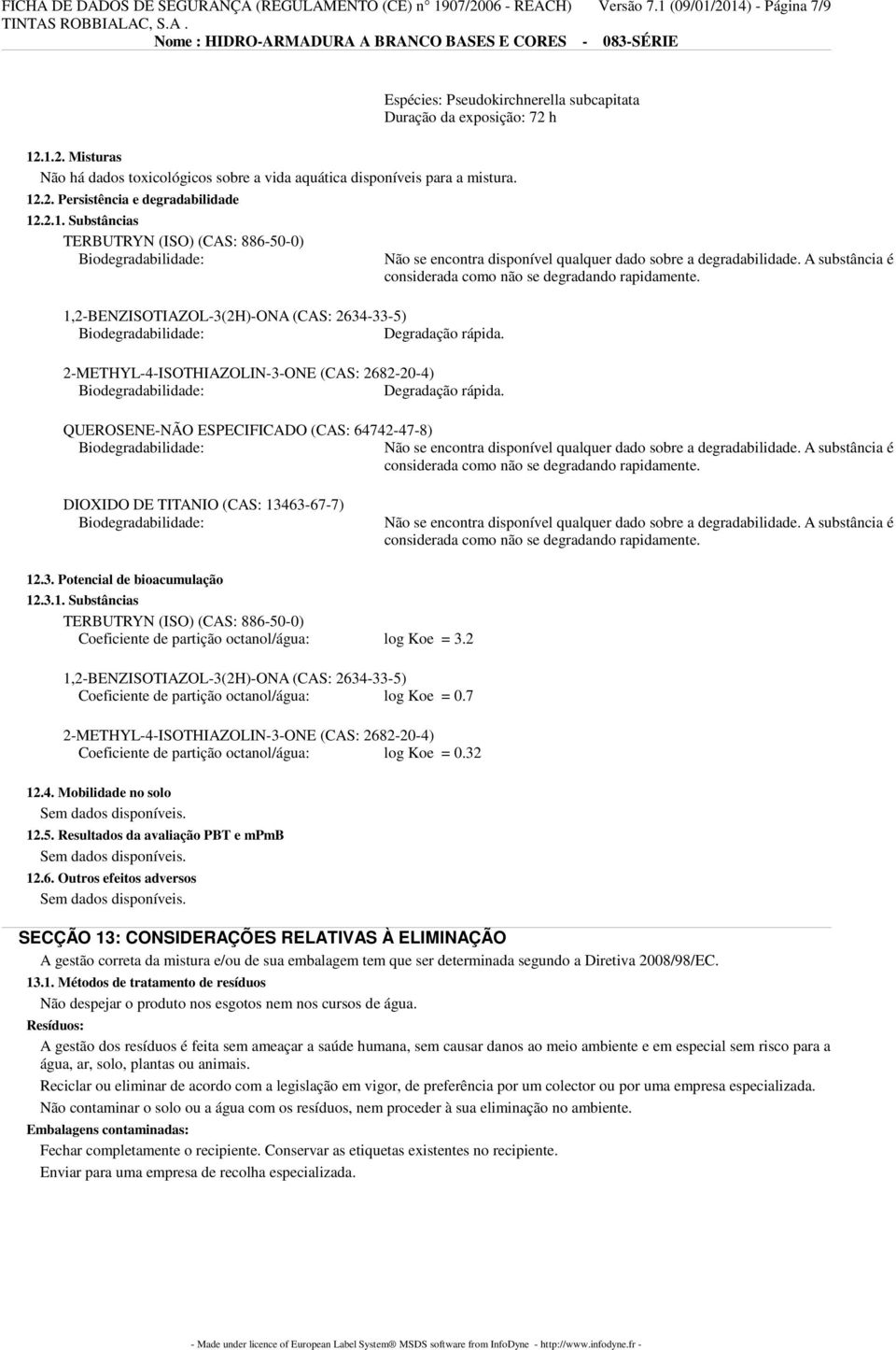 2-METHYL-4-ISOTHIAZOLIN-3-ONE (CAS: 2682-20-4) Degradação rápida. Não se encontra disponível qualquer dado sobre a degradabilidade. A substância é considerada como não se degradando rapidamente.