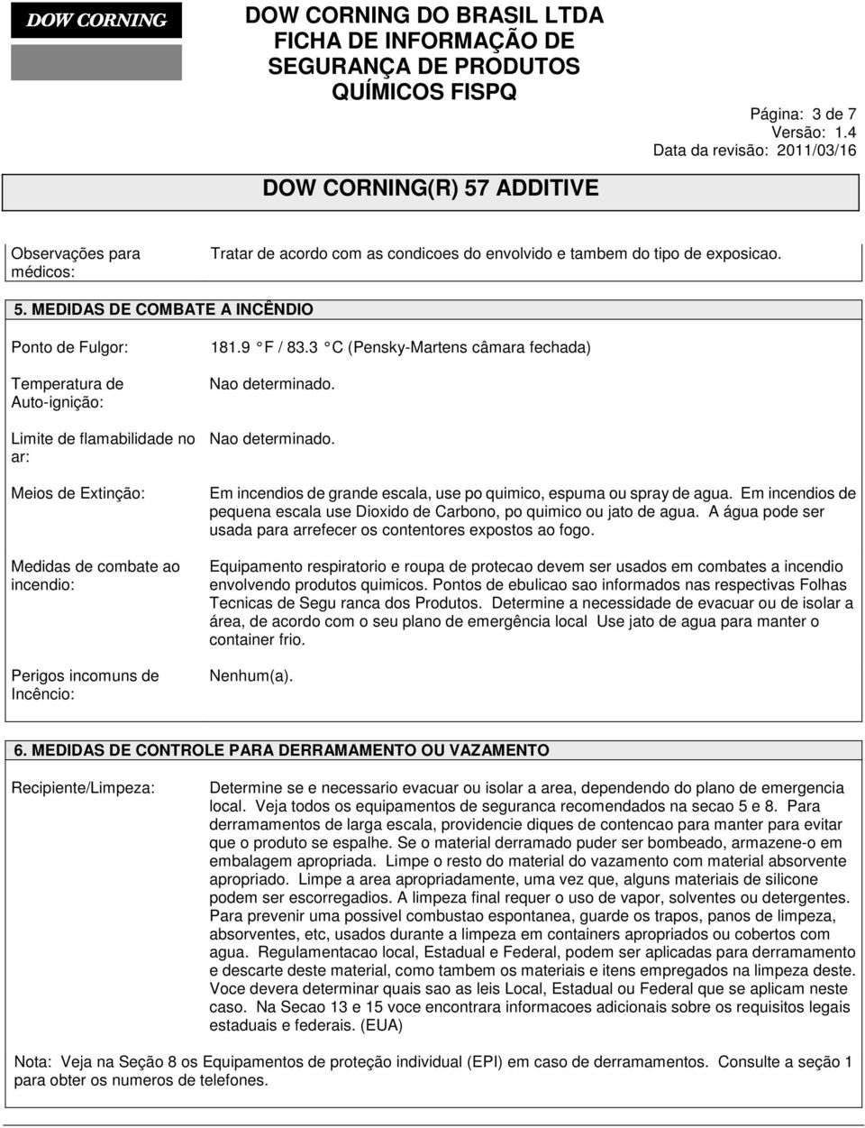 9 F / 83.3 C (Pensky-Martens câmara fechada) Nao determinado. Nao determinado. Em incendios de grande escala, use po quimico, espuma ou spray de agua.