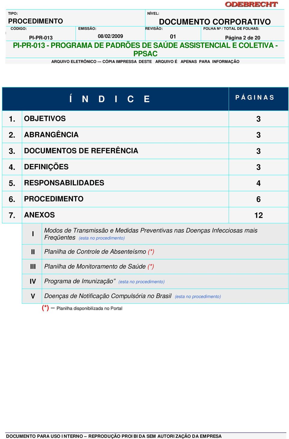 ANEXOS 12 I Modos de Transmissão e Medidas Preventivas nas Doenças Infecciosas mais Freqüentes (esta no procedimento) II Planilha de Controle de