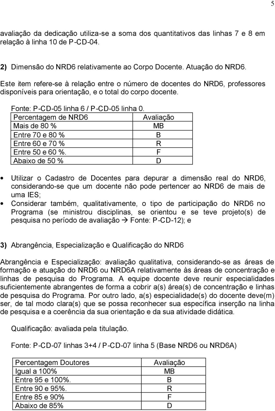 Percentagem de NRD6 Avaliação Mais de 80 % MB Entre 70 e 80 % B Entre 60 e 70 % R Entre 50 e 60 %.