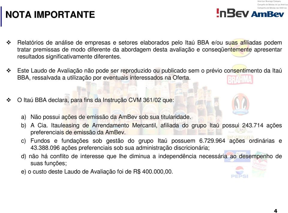 Este Laudo de Avaliação não pode ser reproduzido ou publicado sem o prévio consentimento da Itaú BBA, ressalvada a utilização por eventuais interessados na Oferta.