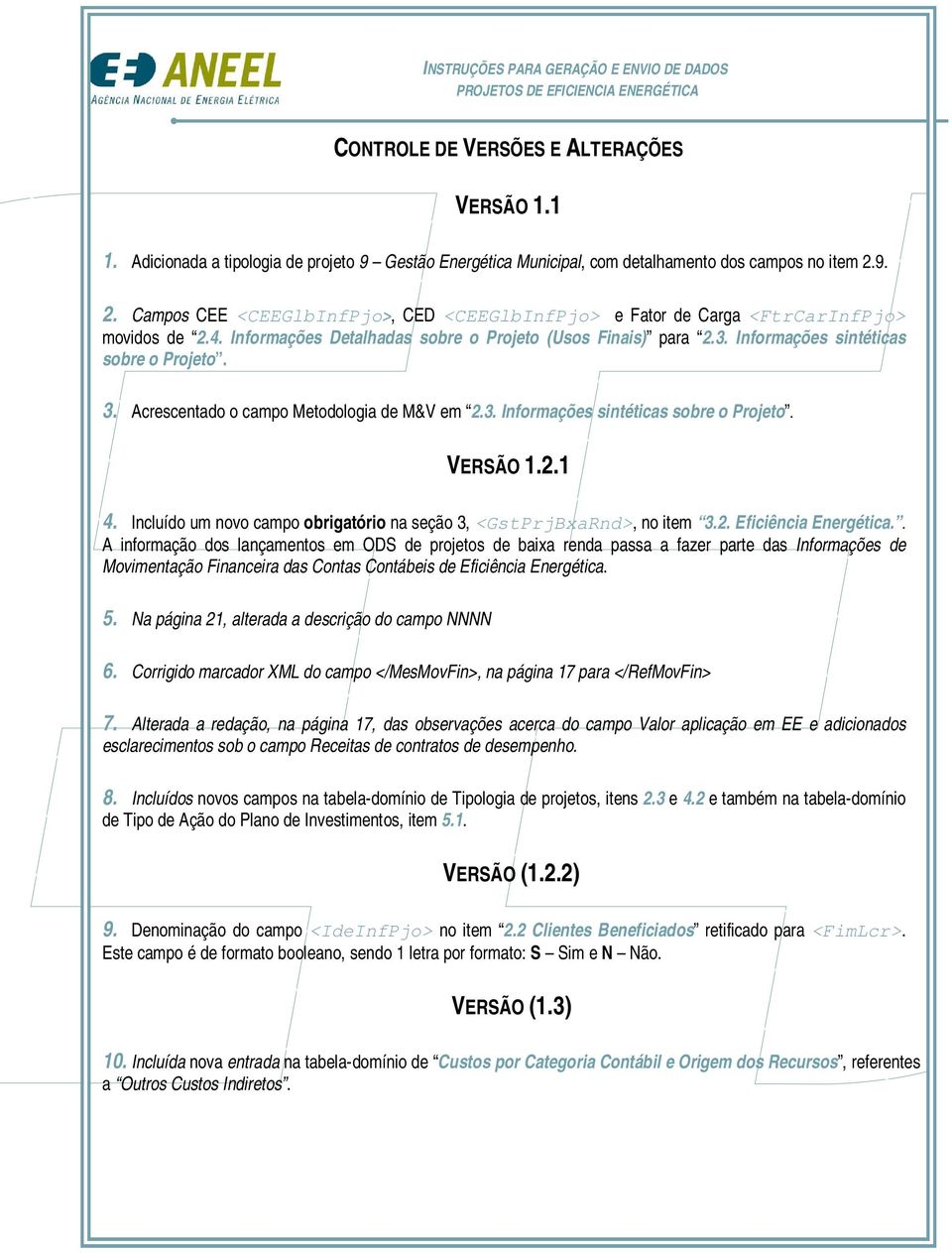 Informações sintéticas sobre o Projeto. 3. Acrescentado o campo Metodologia de M&V em 2.3. Informações sintéticas sobre o Projeto. VERSÃO 1.2.1 4.