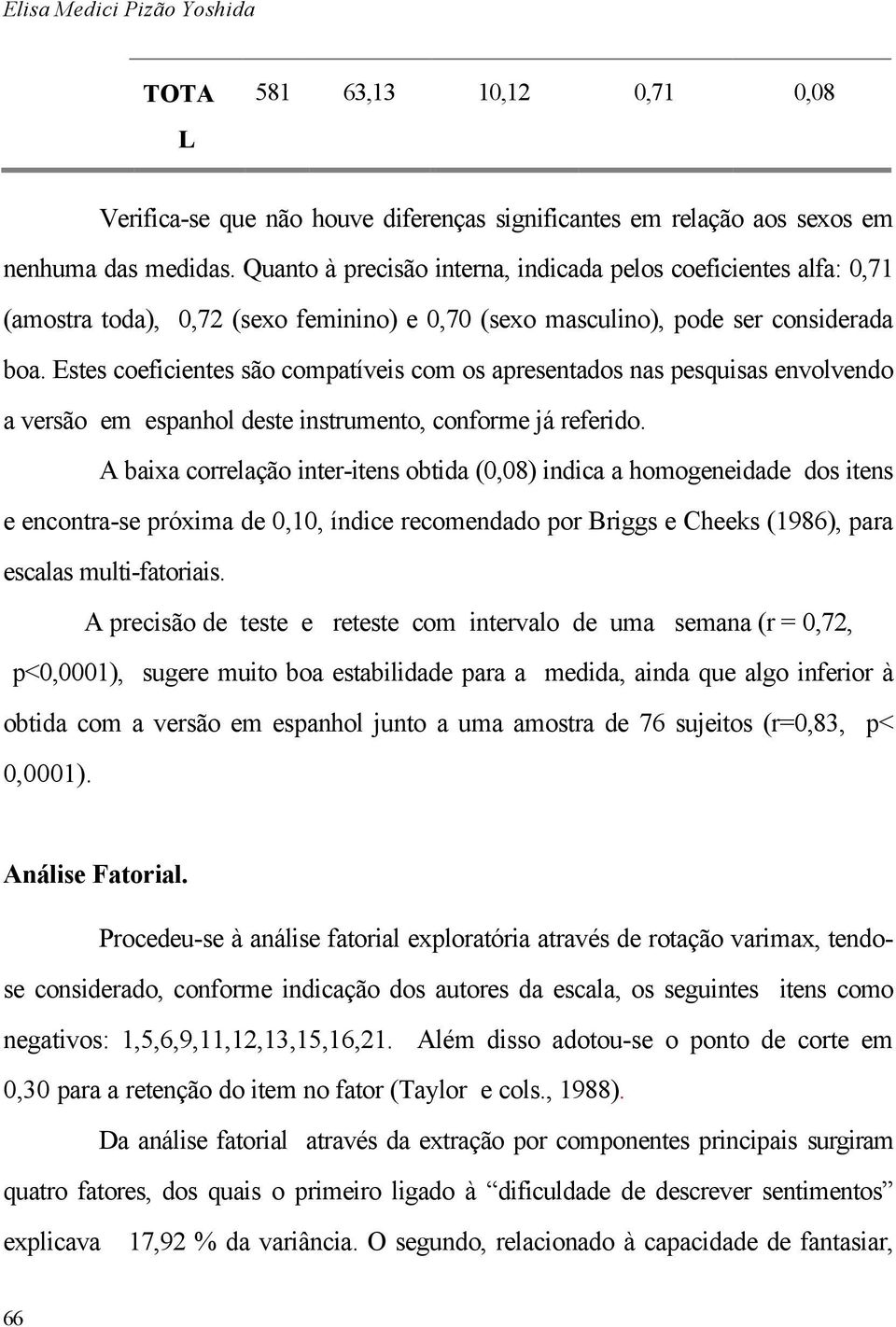 Estes coeficientes são compatíveis com os apresentados nas pesquisas envolvendo a versão em espanhol deste instrumento, conforme já referido.