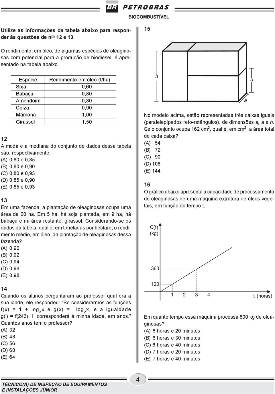 Espécie Rendimento em óleo (t/ha) Soja 0,60 Babaçu 0,80 Amendoim 0,80 Colza 0,90 Mamona 1,00 Girassol 1,50 12 A moda e a mediana do conjunto de dados dessa tabela são, respectivamente, (A) 0,80 e