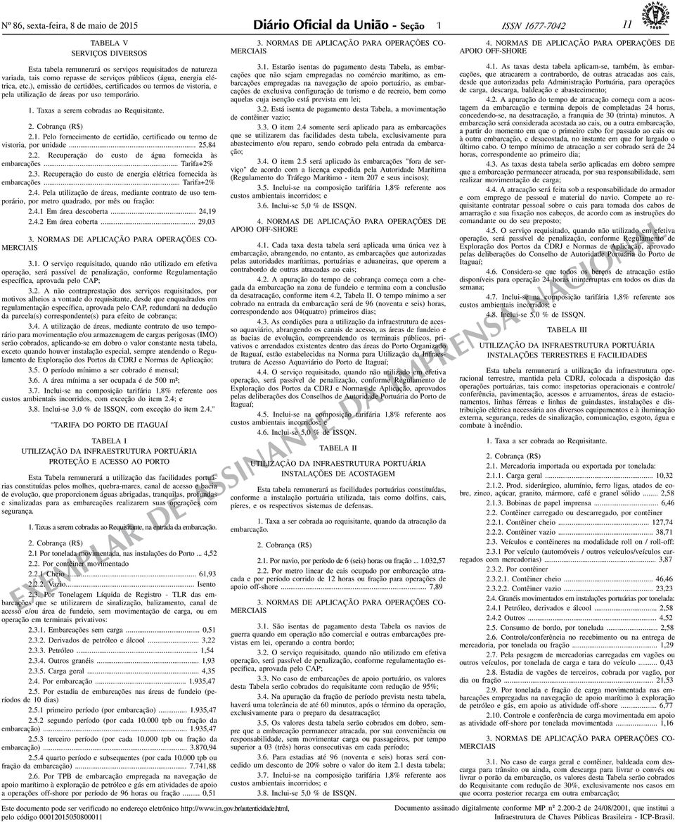 . Pelo fornecimento de certidão, certificado ou termo de vistoria, por unidade... 25,84 2.2. Recuperação do custo de água fornecida às embarcações... Tarifa+2% 2.3.