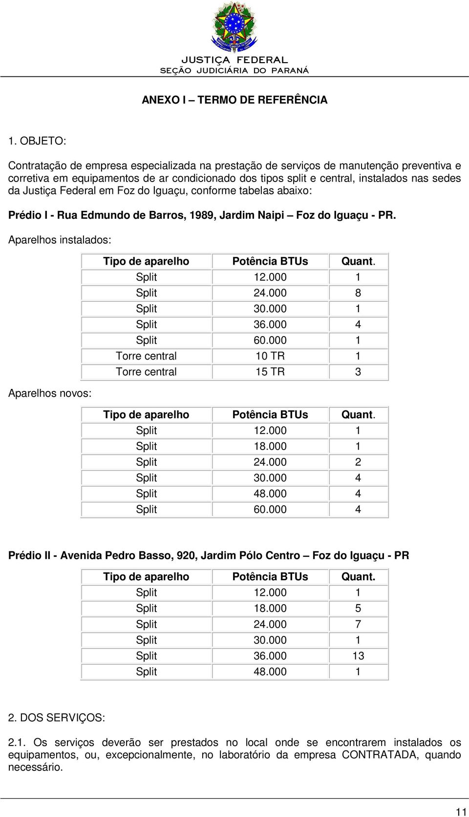 Justiça Federal em Foz do Iguaçu, conforme tabelas abaixo: Prédio I - Rua Edmundo de Barros, 1989, Jardim Naipi Foz do Iguaçu - PR.