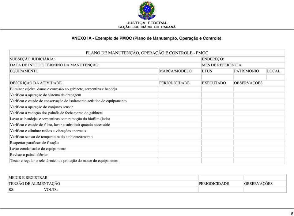 operação do sistema de drenagem Verificar o estado de conservação do isolamento acústico do equipamento Verificar a operação do conjunto sensor Verificar a vedação dos painéis de fechamento do