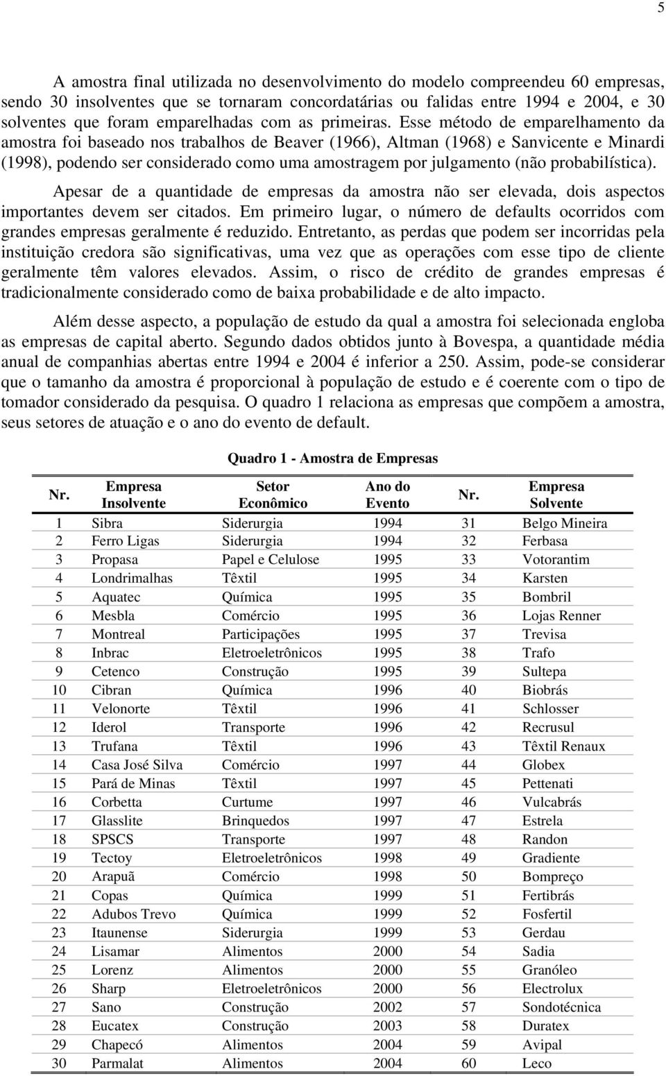 Esse método de emparelhamento da amostra foi baseado nos trabalhos de Beaver (1966), Altman (1968) e Sanvicente e Minardi (1998), podendo ser considerado como uma amostragem por julgamento (não