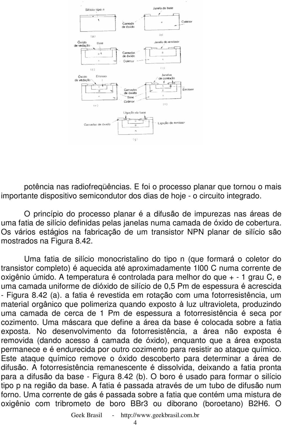 Os vários estágios na fabricação de um transistor NPN planar de silício são mostrados na Figura 8.42.