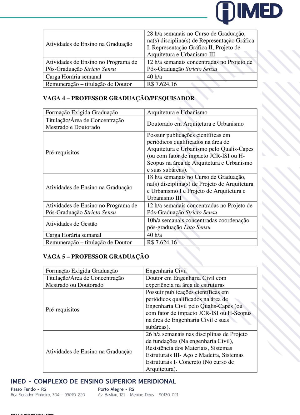 Arquitetura e Urbanismo Arquitetura e Urbanismo pelo Qualis-Capes (ou com fator de impacto JCR-ISI ou H- Scopus na área de Arquitetura e Urbanismo 18 h/a semanais no Curso de Graduação, na(s)