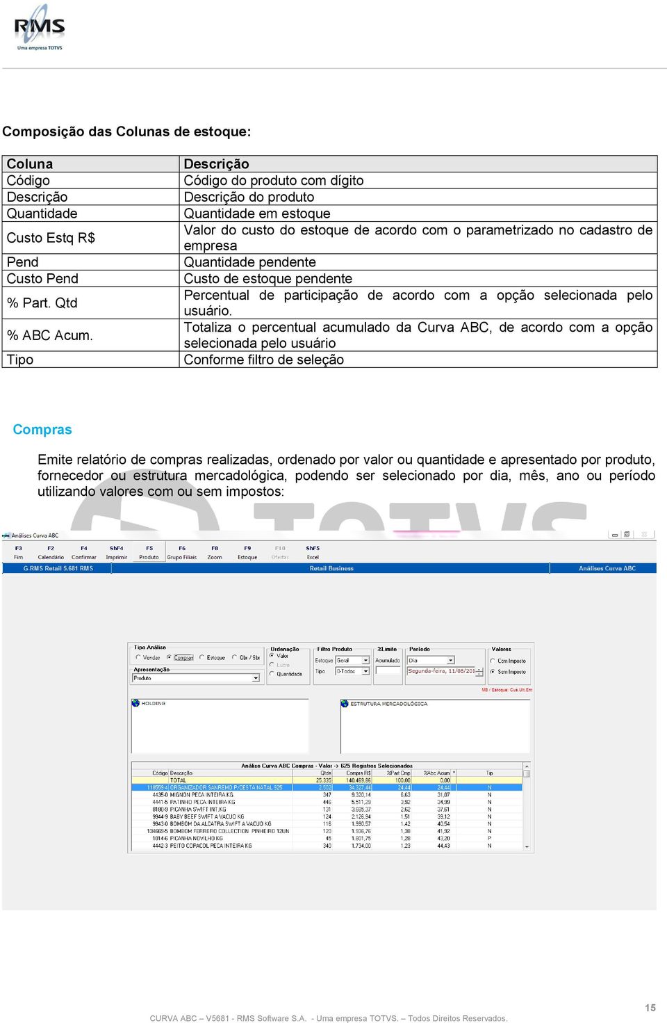 de estoque pendente Percentual de participação de acordo com a opção selecionada pelo usuário.