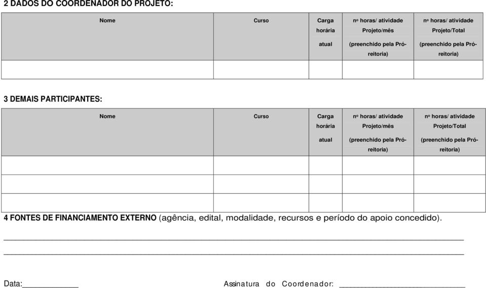 horas/ atividade Projeto/mês (preenchido pela Próreitoria) n o horas/ atividade Projeto/Total (preenchido pela Próreitoria) 4