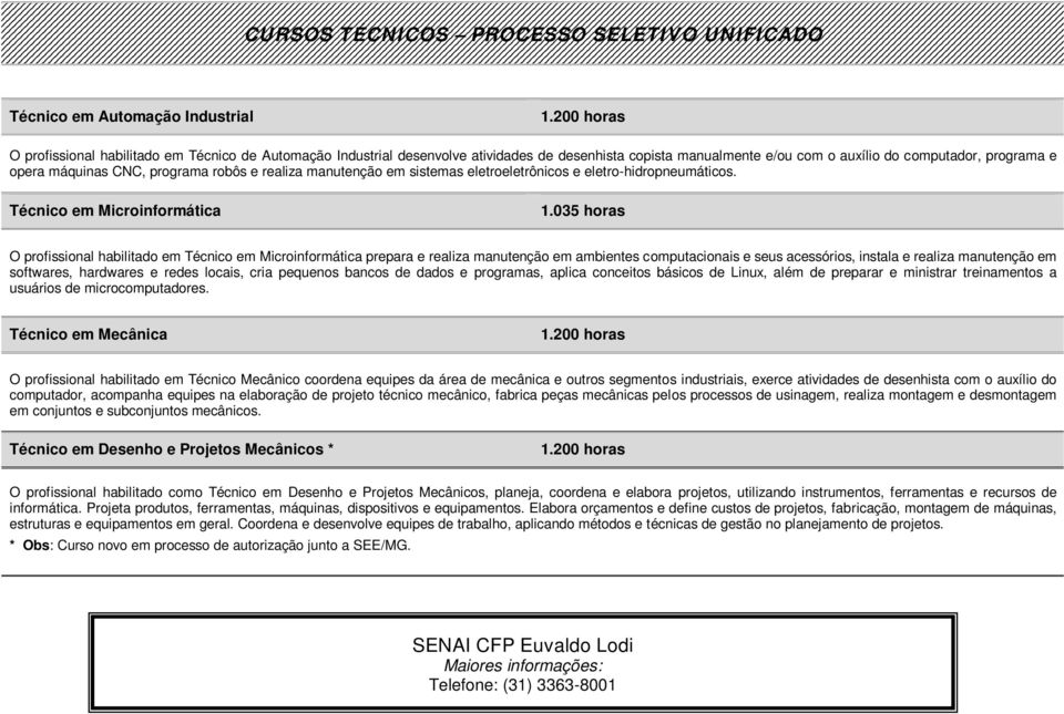 programa robôs e realiza manutenção em sistemas eletroeletrônicos e eletro-hidropneumáticos. Técnico em Microinformática 1.