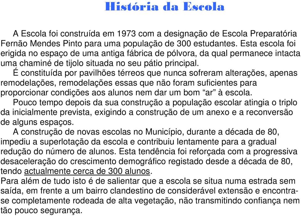 É constituída por pavilhões térreos que nunca sofreram alterações, apenas remodelações, remodelações essas que não foram suficientes para proporcionar condições aos alunos nem dar um bom ar à escola.