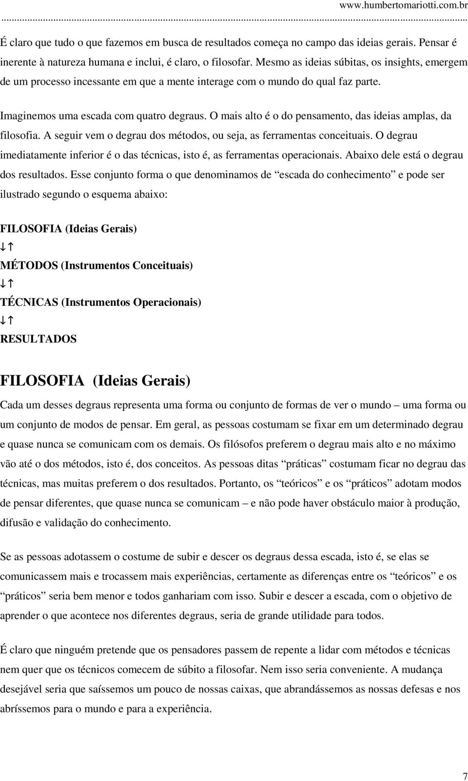 O mais alto é o do pensamento, das ideias amplas, da filosofia. A seguir vem o degrau dos métodos, ou seja, as ferramentas conceituais.