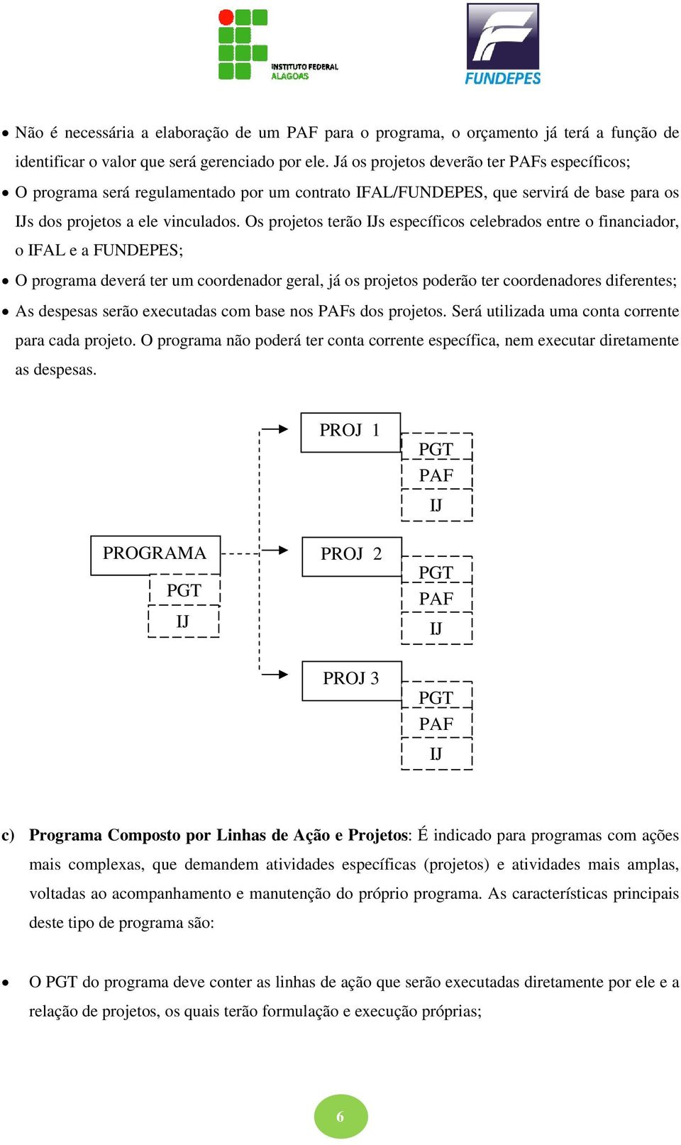 Os projetos terão s específicos celebrados entre o financiador, o IFAL e a FUNDEPES; O programa deverá ter um coordenador geral, já os projetos poderão ter coordenadores diferentes; As despesas serão