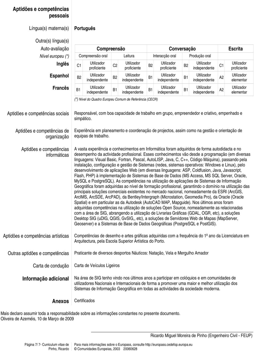 e competências informáticas Aptidões e competências artísticas Outras aptidões e competências Carta de condução Informação adicional Anexos Responsável, com boa capacidade de trabalho em grupo,