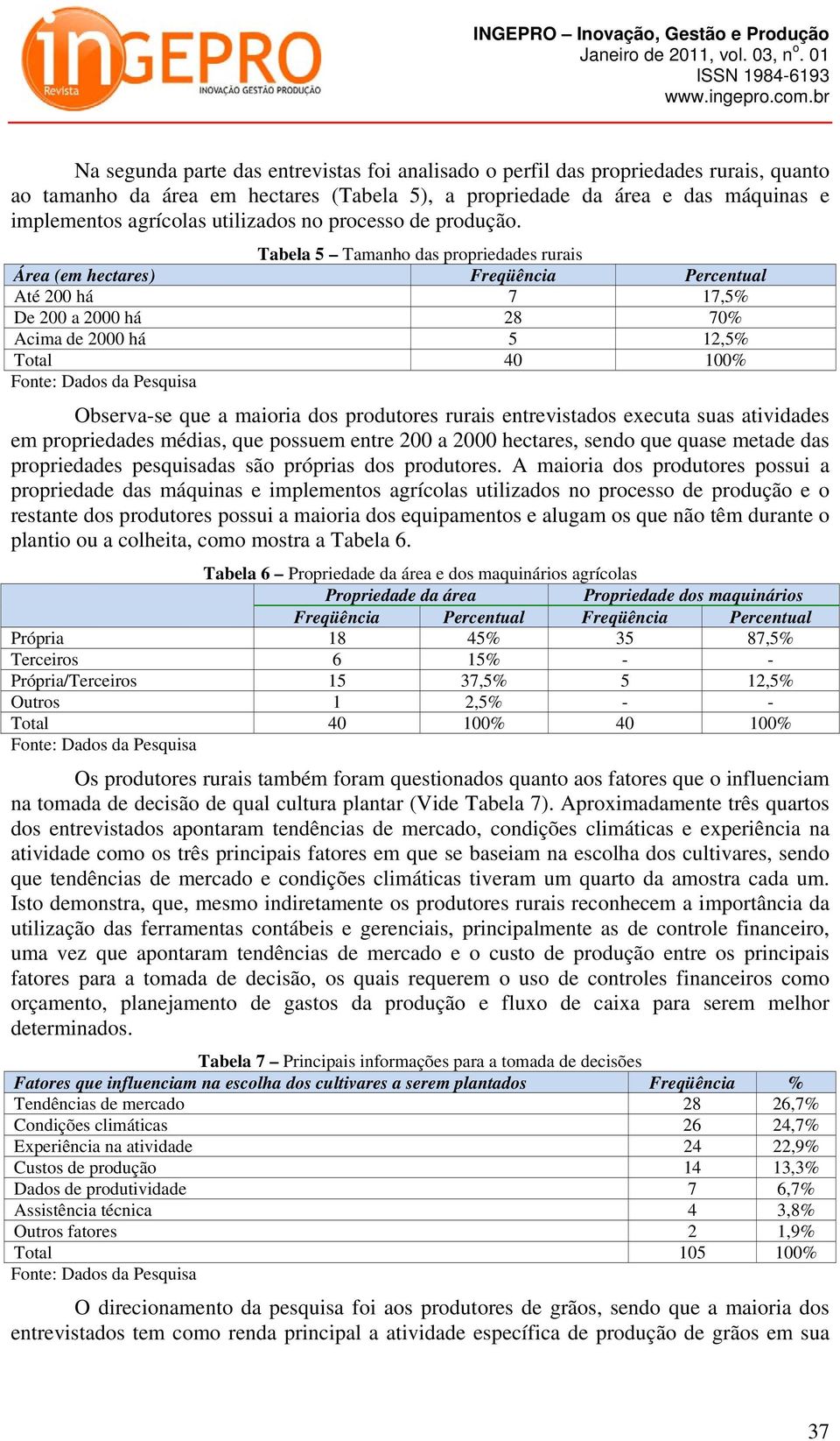 Tabela 5 Tamanho das propriedades rurais Área (em hectares) Freqüência Percentual Até 200 há 7 17,5% De 200 a 2000 há 28 70% Acima de 2000 há 5 12,5% Observa-se que a maioria dos produtores rurais