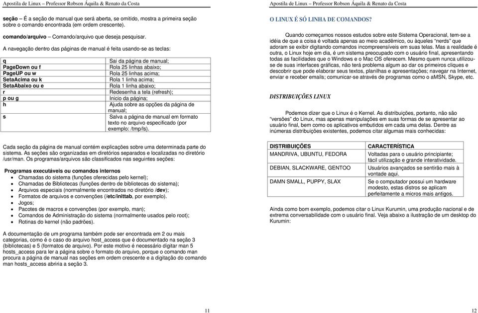 linhas acima; Rola 1 linha acima; Rola 1 linha abaixo; Redesenha a tela (refresh); Inicio da página; Ajuda sobre as opções da página de manual; Salva a página de manual em formato texto no arquivo