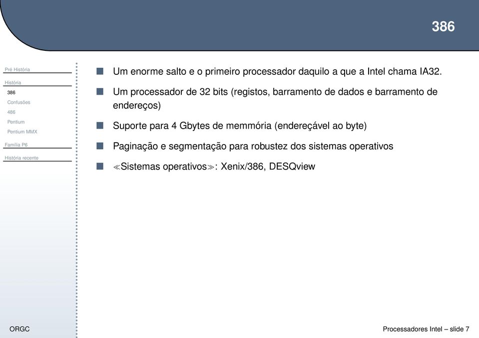 Um processador de 32 bits (registos, barramento de dados e barramento de endereços) Suporte para 4