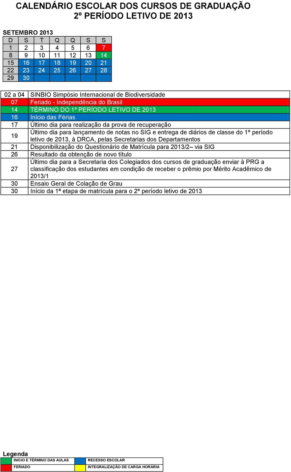 2013, à DRCA, pelas Secretarias dos Departamentos 21 Disponibilização do Questionário de Matrícula para 2013/2 via SIG 26 Resultado da obtenção de novo título Último dia para a Secretaria dos