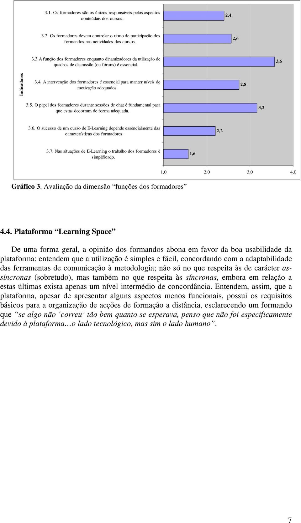 A intervenção dos formadores é essencial para manter níveis de motivação adequados. 2,8 3.5. O papel dos formadores durante sessões de chat é fundamental para que estas decorram de forma adequada.