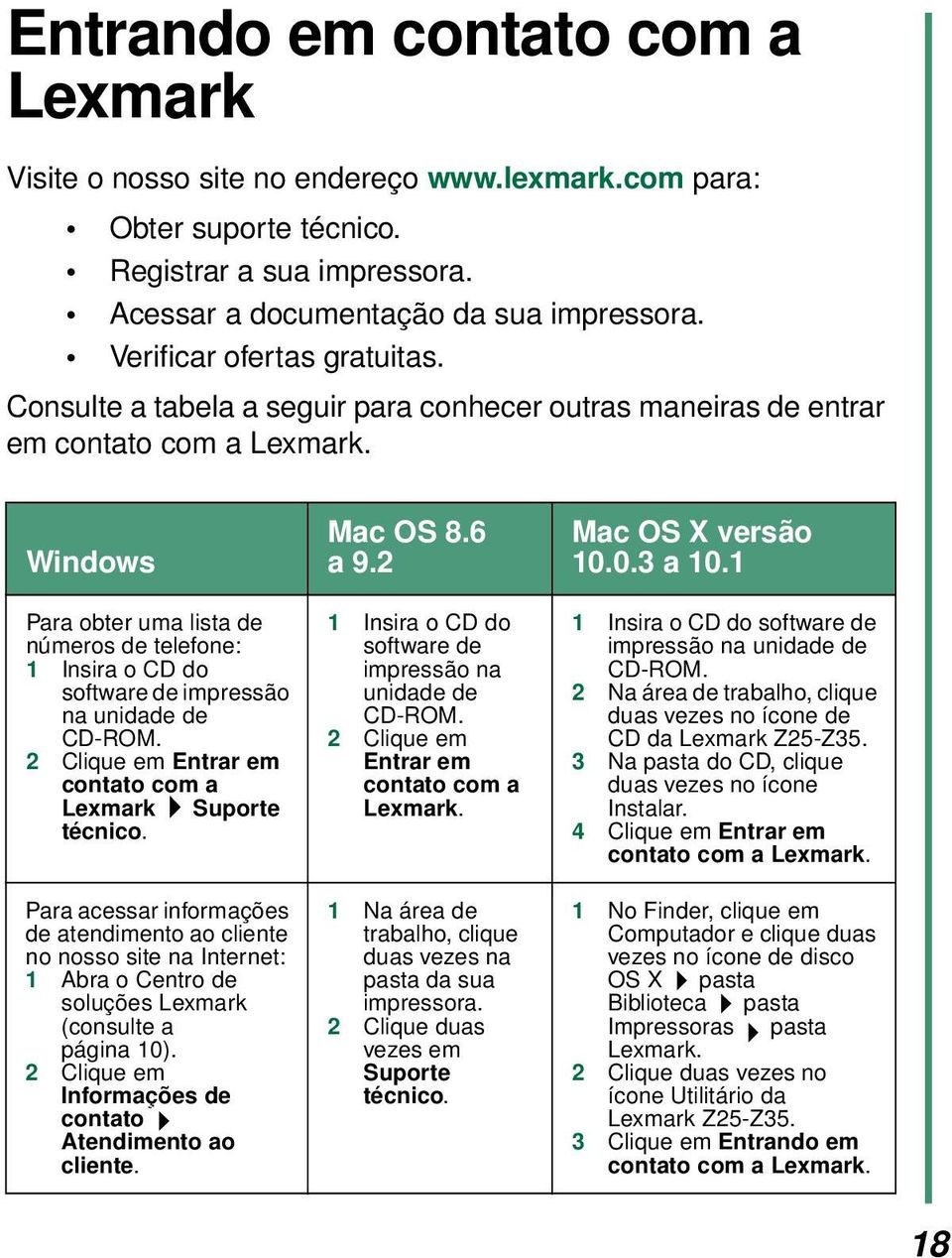 Windows Para obter uma lista de números de telefone: 1 Insira o CD do software de impressão na unidade de CD-ROM. 2 Clique em Entrar em contato com a Lexmark Suporte técnico.