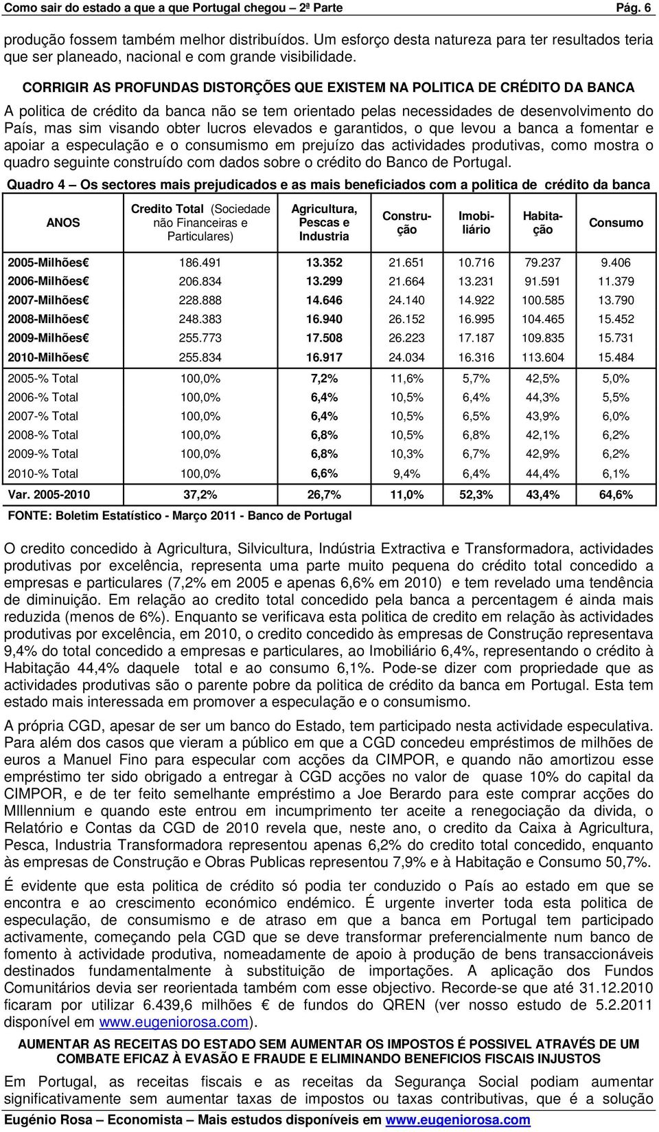 CORRIGIR AS PROFUNDAS DISTORÇÕES QUE EXISTEM NA POLITICA DE CRÉDITO DA BANCA A politica de crédito da banca não se tem orientado pelas necessidades de desenvolvimento do País, mas sim visando obter