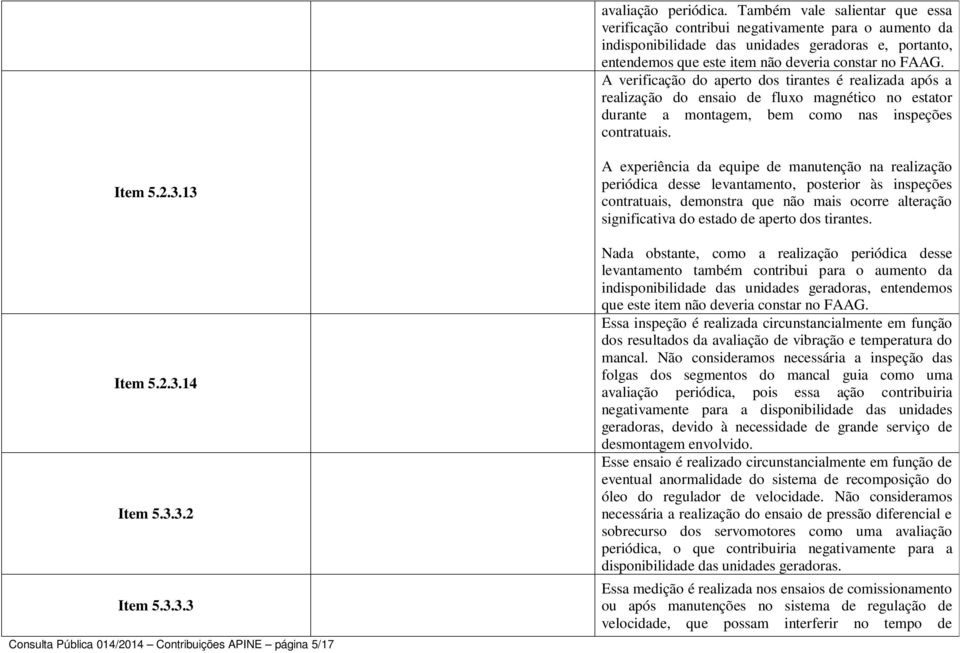 A verificação do aperto dos tirantes é realizada após a realização do ensaio de fluxo magnético no estator durante a montagem, bem como nas inspeções contratuais. Item 5.2.3.13 Item 5.2.3.14 Item 5.3.3.2 Item 5.