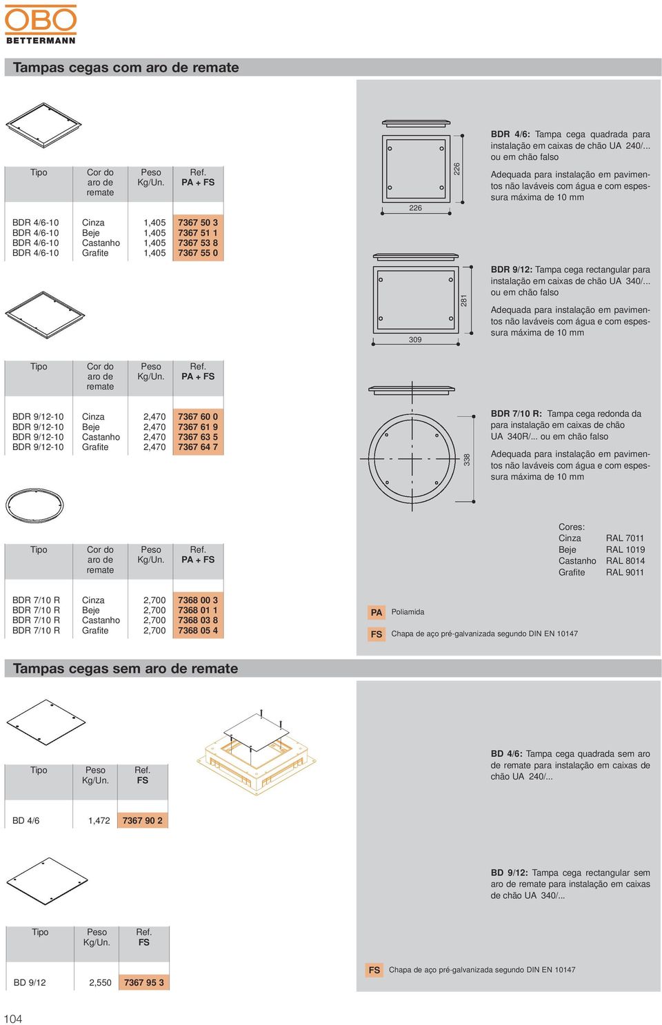 Castanho,405,405,405,405 767 50 767 5 767 5 8 767 55 0 09 28 BDR 9/2: Tampa cega rectangular para instalação em caixas de chão UA 40/.