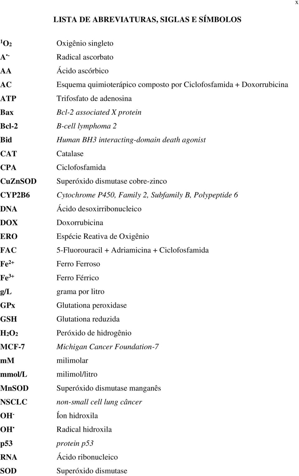 P450, Family 2, Subfamily B, Polypeptide 6 DNA Ácido desoxirribonucleico DOX Doxorrubicina ERO Espécie Reativa de Oxigênio FAC 5-Fluorouracil + Adriamicina + Ciclofosfamida Fe 2+ Fe 3+ g/l GPx GSH