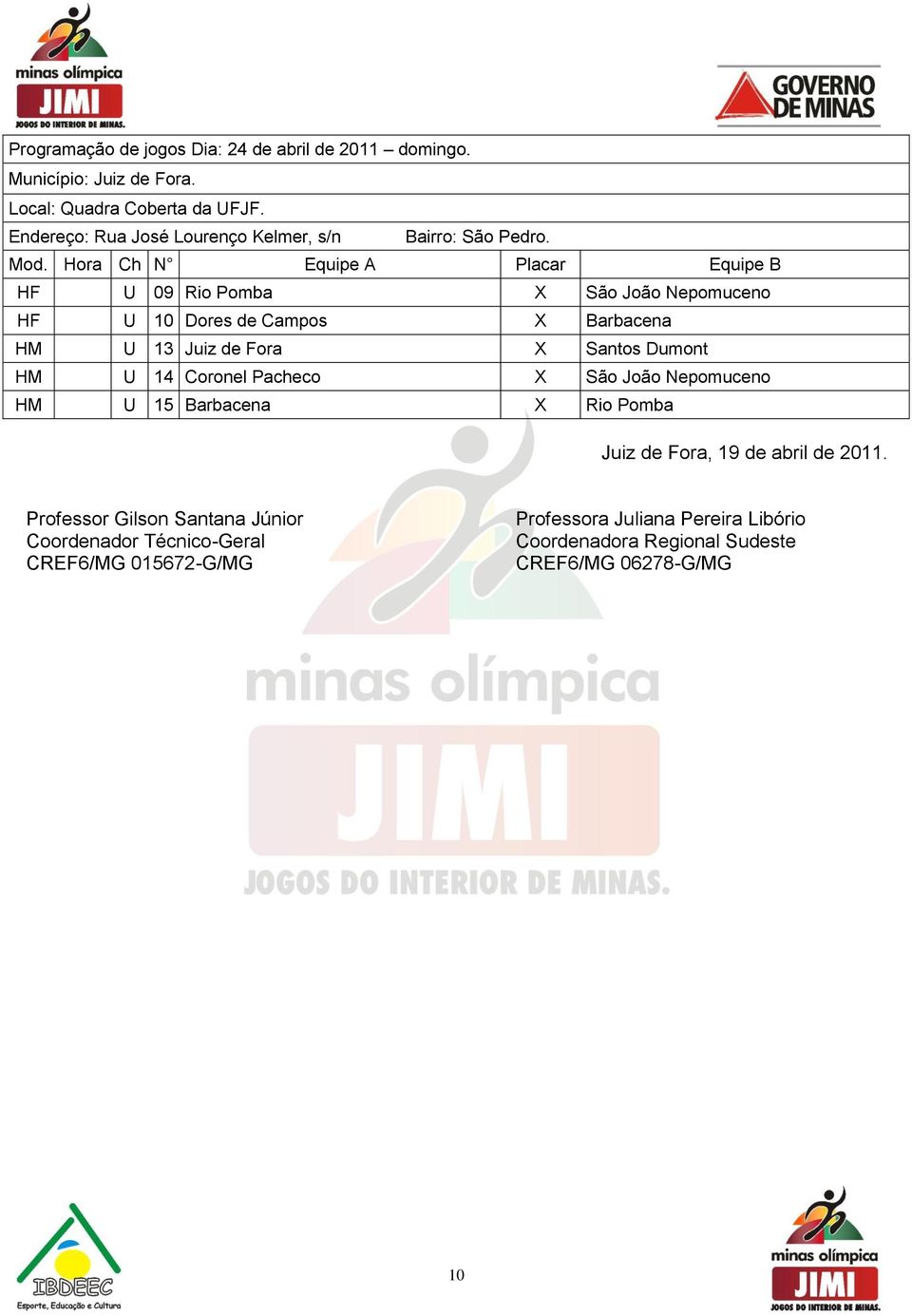 14 Coronel Pacheco X São João Nepomuceno HM U 15 Barbacena X Rio Pomba Juiz de Fora, 19 de abril de 2011.