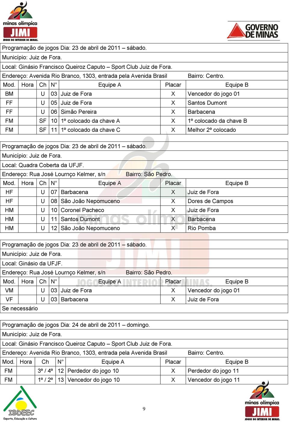 chave C X Melhor 2º colocado Programação de jogos Dia: 23 de abril de 2011 sábado. Local: Quadra Coberta da UFJF. Endereço: Rua José Lournço Kelmer, s/n Bairro: São Pedro.