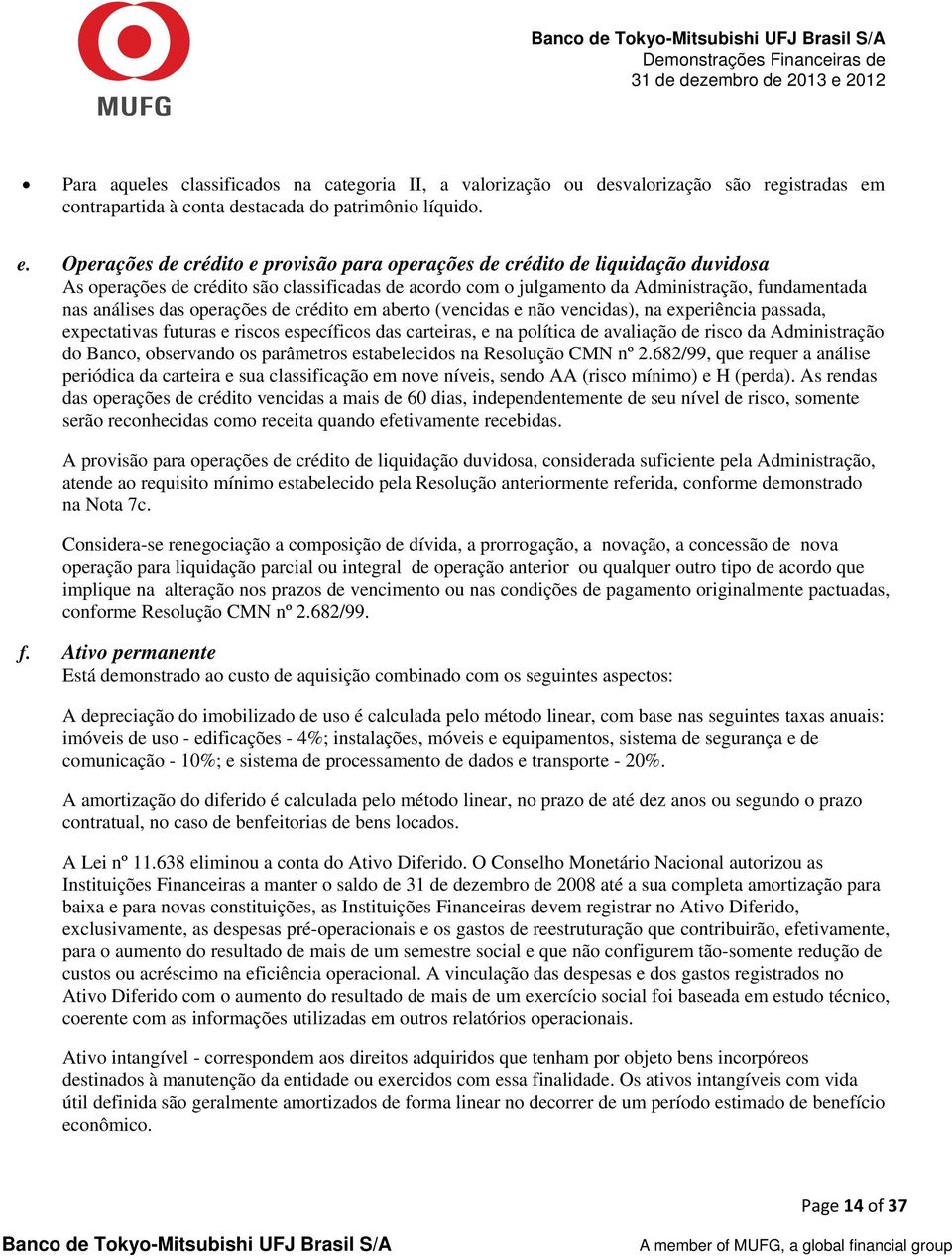 Operações de crédito e provisão para operações de crédito de liquidação duvidosa As operações de crédito são classificadas de acordo com o julgamento da Administração, fundamentada nas análises das