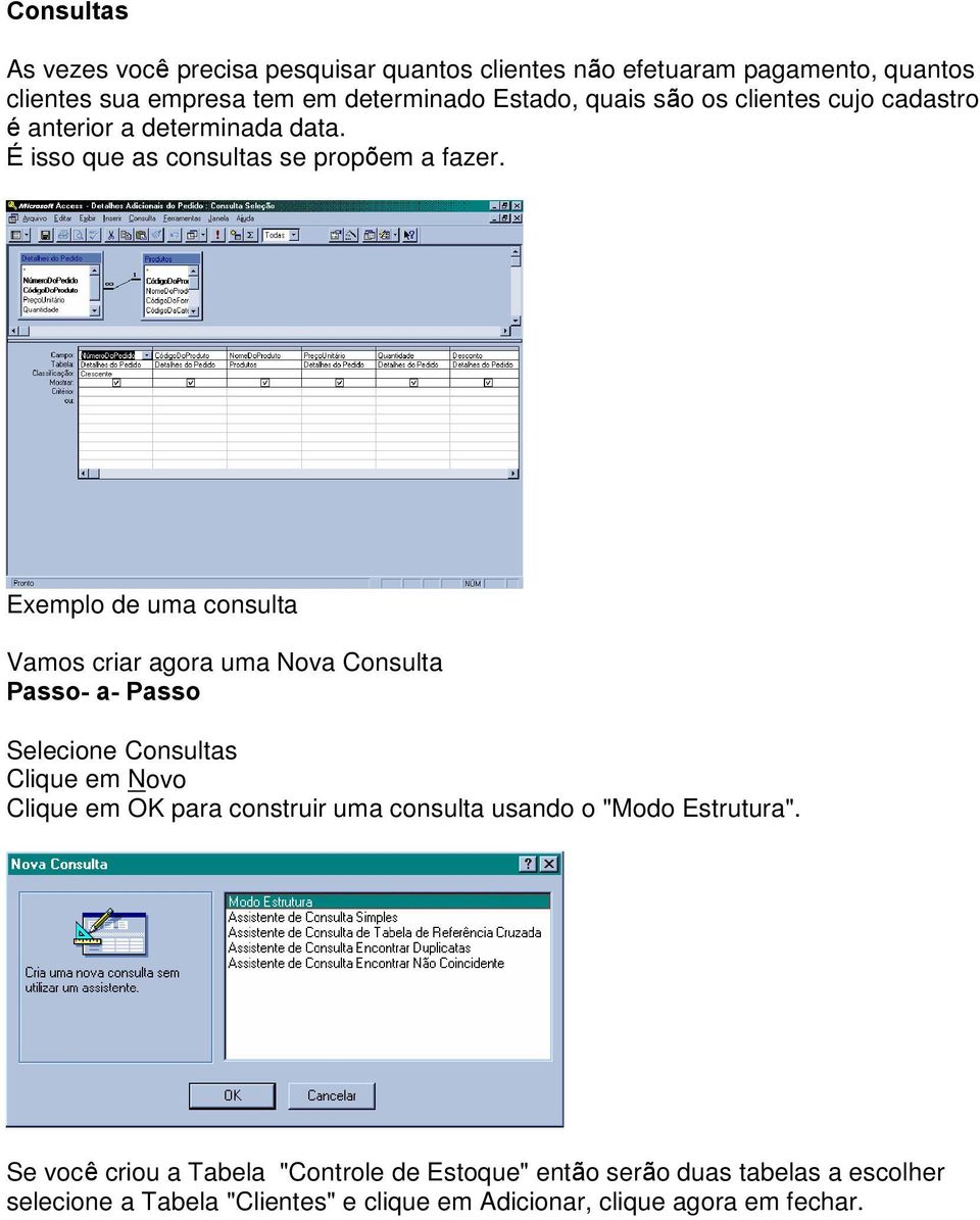 Exemplo de uma consulta Vamos criar agora uma Nova Consulta Passo- a- Passo Selecione Consultas Clique em Novo Clique em OK para construir uma