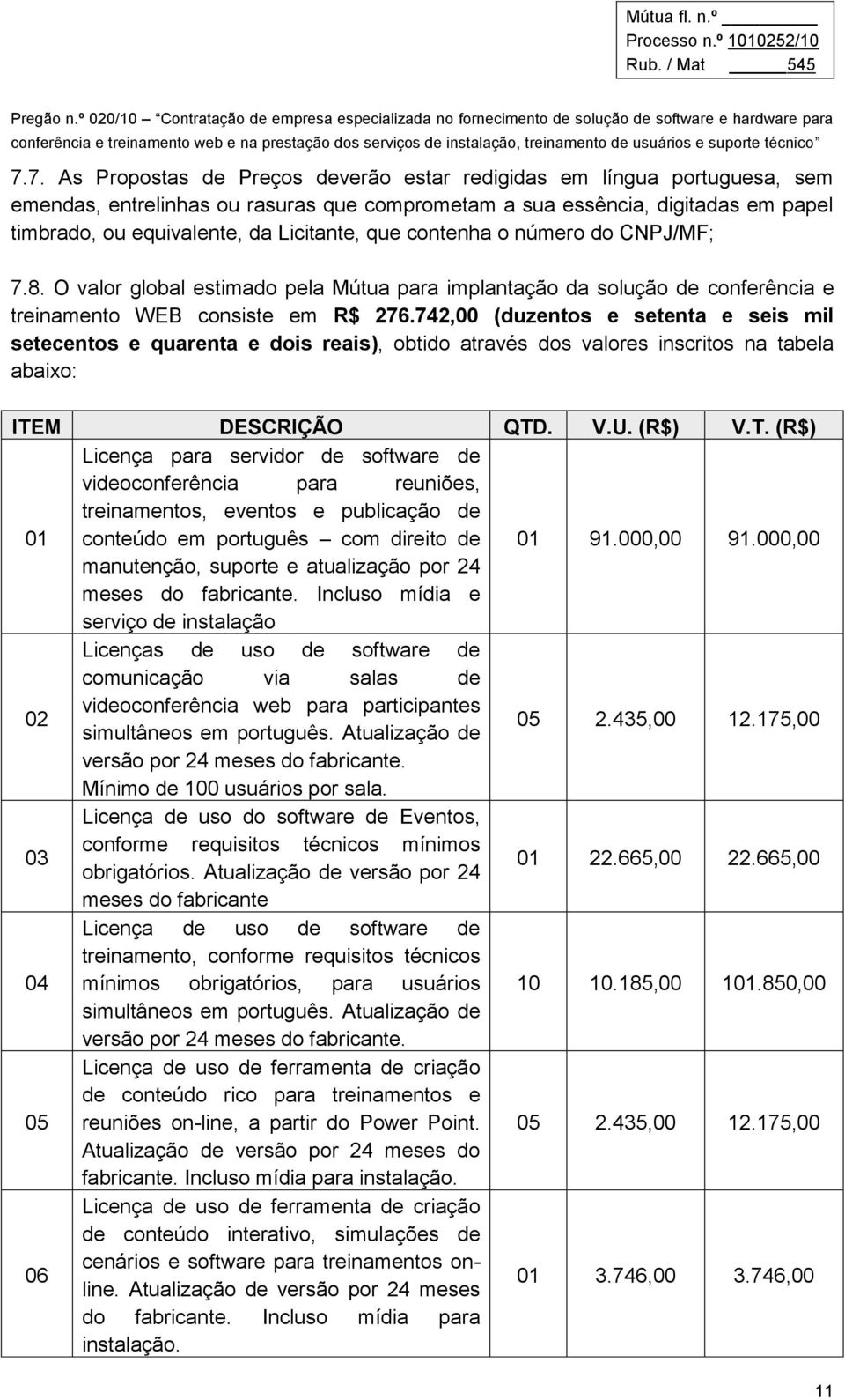 742,00 (duzentos e setenta e seis mil setecentos e quarenta e dois reais), obtido através dos valores inscritos na tabela abaixo: ITE