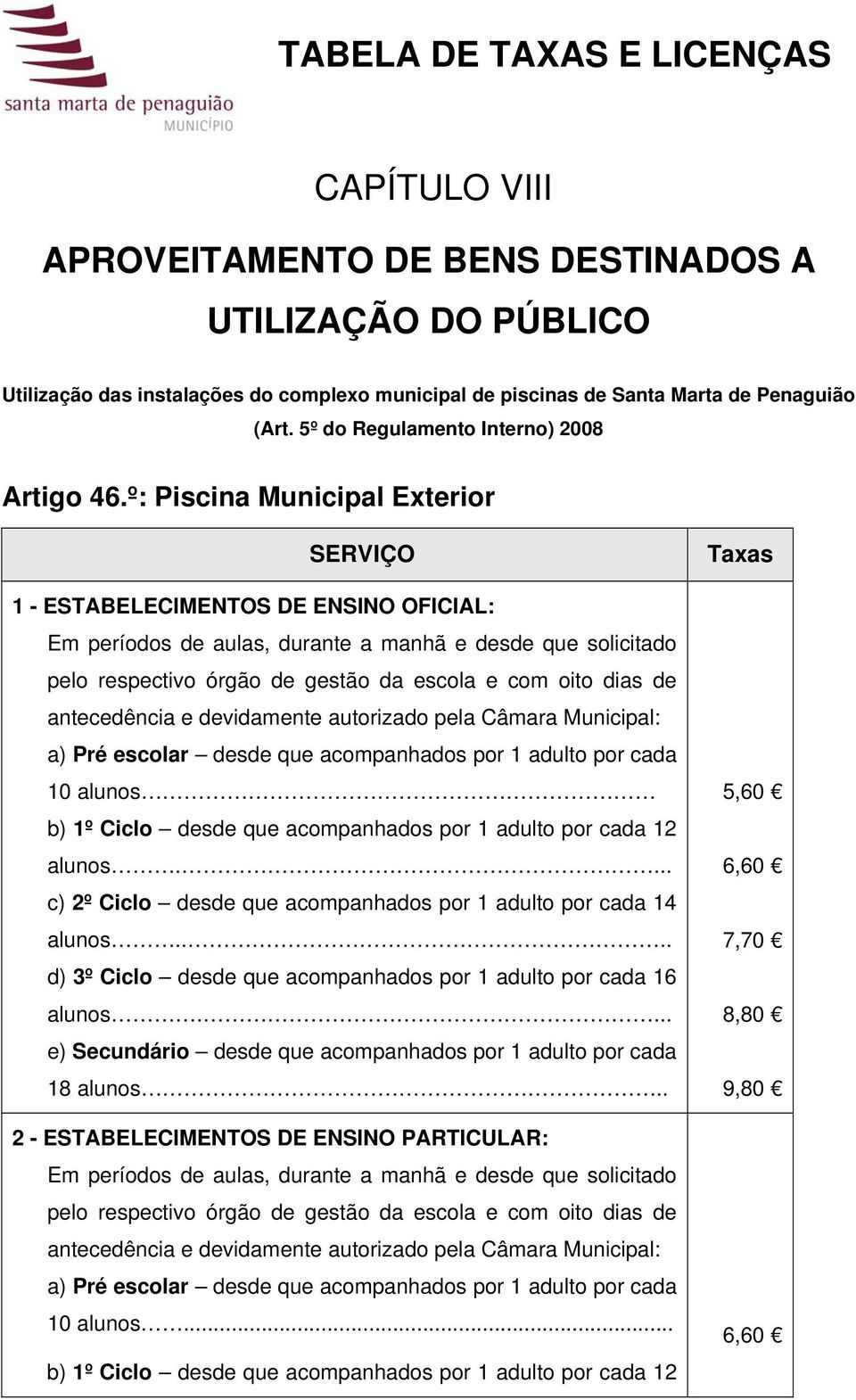 º: Piscina Municipal Exterior SERVIÇO 1 - ESTABELECIMENTOS DE ENSINO OFICIAL: Em períodos de aulas, durante a manhã e desde que solicitado pelo respectivo órgão de gestão da escola e com oito dias de